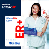 Smiling woman in a medical sling holds Maxicare LifesavER+ card, promoting ₱50,000 ER coverage with Maxicare branding.