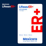 Maxicare LifesavER+ card design showing ₱50,000 coverage.